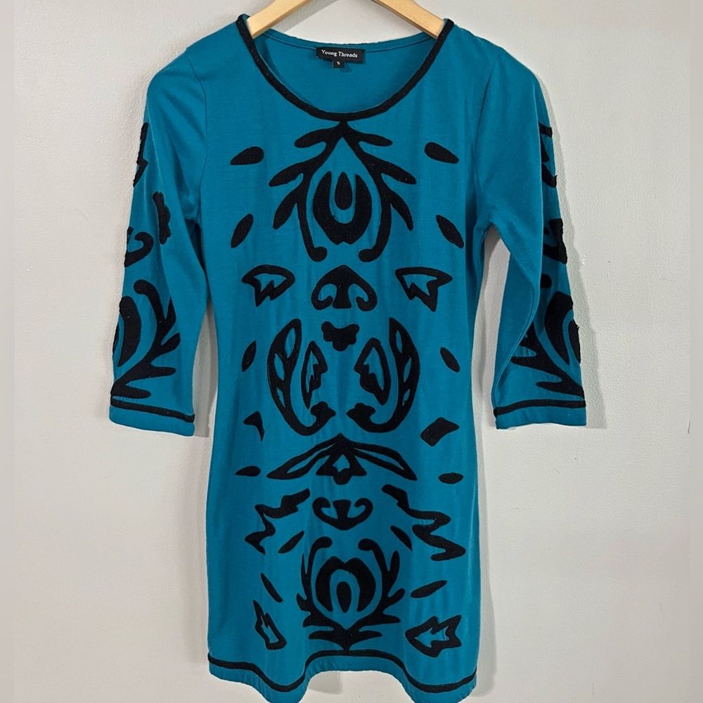 Young Threads Teal Black Embroidered Boho Tunic Mini Dress S